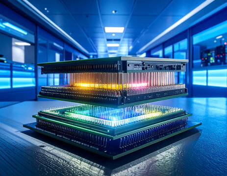 Advanced multi-core processor cross-section with glowing AI cores representing parallel computation and enterprise data processing.