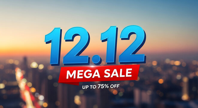Image displays a blue "12.12" number with a red "Mega Sale" banner, promoting a retail event for shopping and special offer against city background