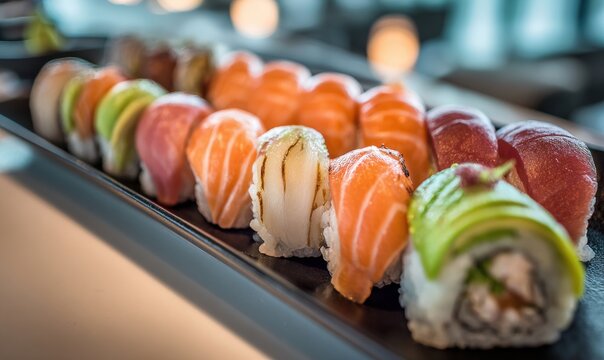 Fresh sushi assortment on black tray