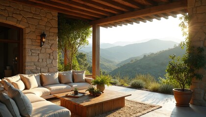 Fototapeta premium Inviting patio with sectional sofa and wooden table overlooks rolling green hills. Outdoor living space offers tranquil mountain views. Natural stone walls and pergolas frame the peaceful scenery.