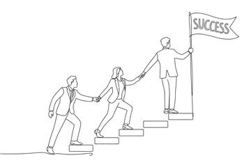 Obraz premium Continuous one line drawing business team helping each other climb bar chart leadership teamwork success growth concept vector illustration