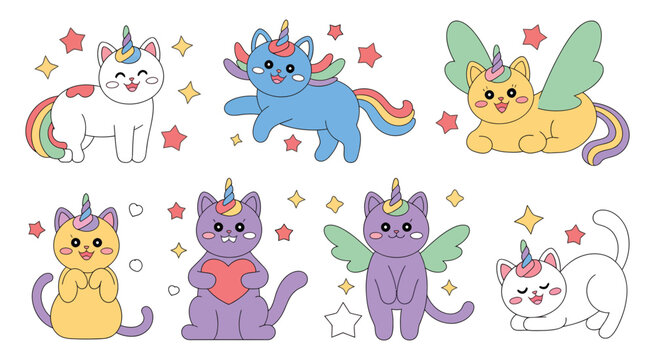 Cute Unicorn Cats Collection &ndash; Kawaii Fantasy Cartoon Set