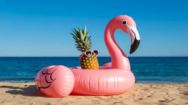 A vibrant pink inflatable flamingo pool float carrying a stylish pineapple wearing sunglasses sits on a sandy beach beside the blue ocean.