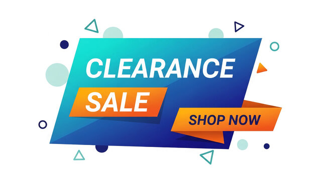 Graphic design with clearance sale text on blue trapezoid and orange ribbon, inviting purchase, promoting retail discount, shopping promotion, ad space