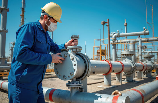 Worker in helmet mask operates industrial pipe valve. Man checks system at oil gas facility, wearing protective gear. Man works at plant, controls flow, ensures pipeline safety.