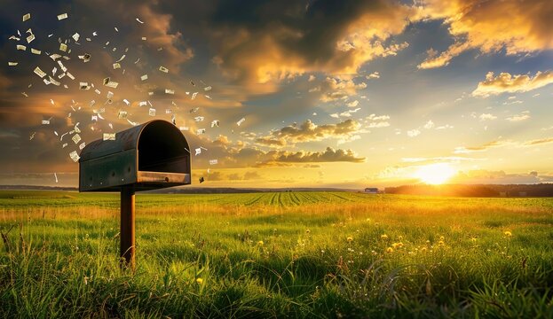 Mailbox releasing money over field at sunset for financial opportunity themes