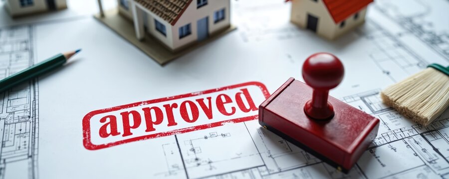Architectural blueprint displays house models with approved stamp. Pencil and brush sit on drawings, signifying successful project planning.