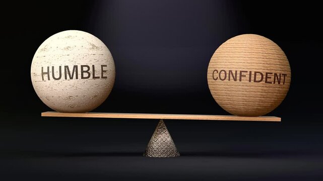 Humble and Confident in balance - balancing spheres on a scale symbolizing harmony, equity and equilibrium between humble and confident. Harmonious and beneficial situation. Made by human for humans