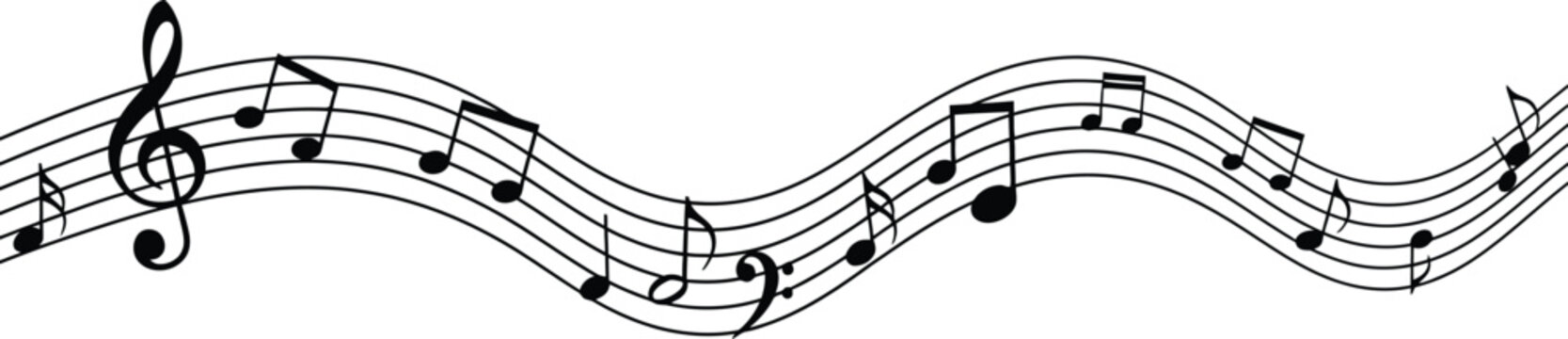 Musical notes and staff on a wavy black line on white background