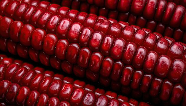Macro view of rows of vibrant red corn kernels on multiple cobs, filling the frame