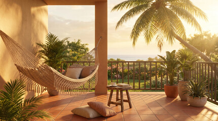 Fototapeta premium Tropical Balcony with Hammock and Ocean View at Sunset