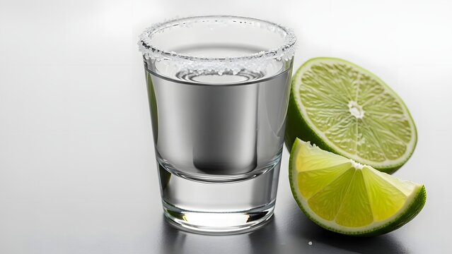 A glass of clear tequila with a salt rim and lime wedges on a reflective surface, ideal for beverage and party themes