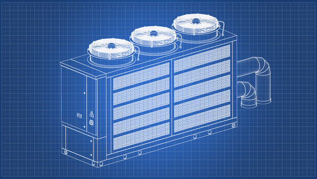 Technical Layout of Rooftop Chiller, Cooling Tower System. 3D Mesh, Sketch, Vector style or Drawing. 3D rendering isolated on blue background. 
