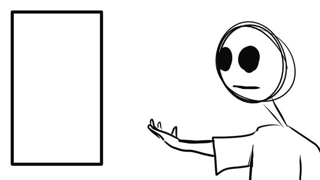 The cartoon man points his hand at the frame and says something.