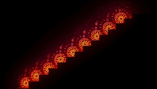 A staircase illuminated with vibrant red and orange lights in a dark environment