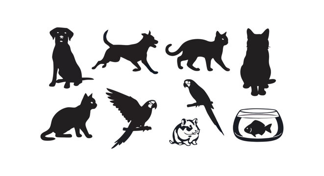 Black silhouettes of various household pets.