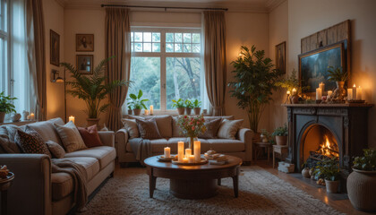 Fototapeta premium Cozy living room with beige couches and a fireplace on a cold day