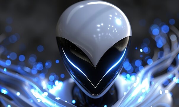A futuristic alien robot with glowing blue lights and a sleek metallic design