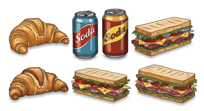 Sandwiches and Croissants with Sodas.