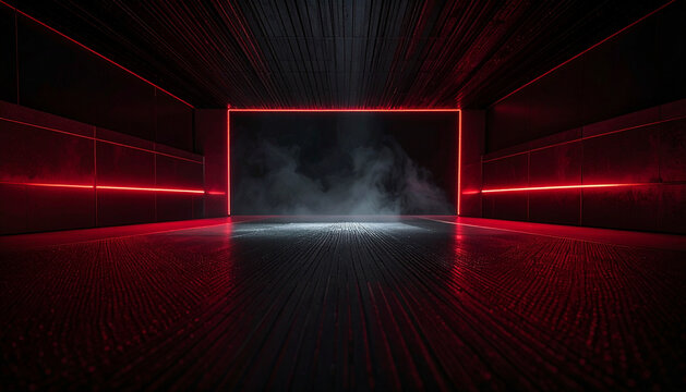Cyberpunk Nexus: Black geometric podium with glowing red neon led light on a metallic reflective floor, futuristic grunge background for product display.
