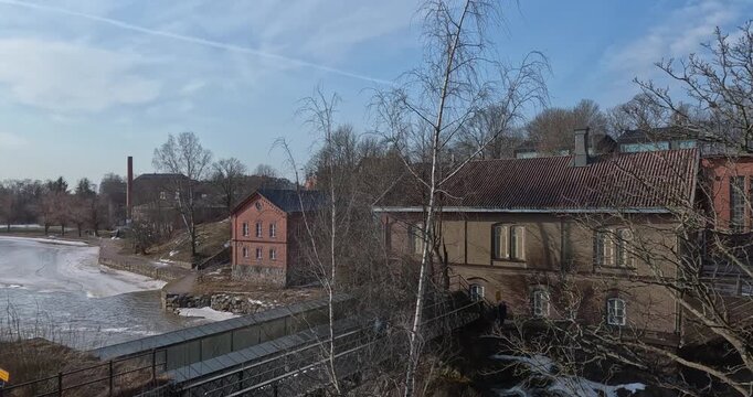 Vanhankaupunginkoski, a historic waterfall and dam located where the Vantaa River flows into the sea in Helsinki, Finland, Europe.