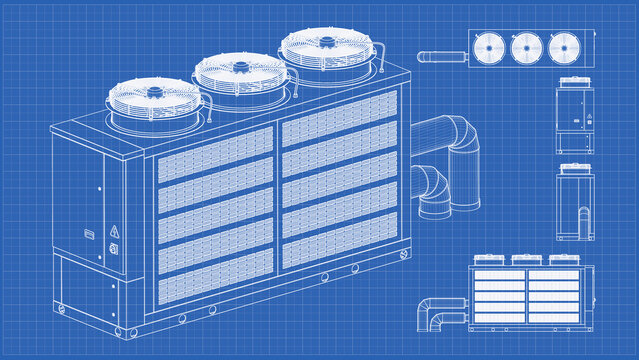 Roof  Chiller &ndash; drawing of a rooftop HVAC unit, cooling tower. Orthographic view - side views, front and top. 3D Mesh, Sketch, Vector style or Drawing. 3D rendering isolated on blue background. 