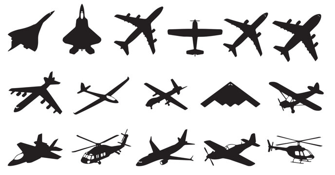 black and white vector silhouette set of Aircraft 