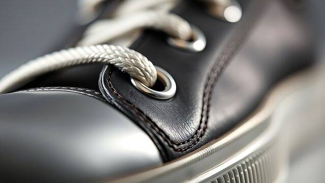 Extreme close-up of metallic shoe aglet reflecting studio light.