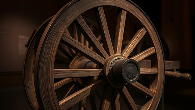 A weathered wooden oxcart wheel displayed in museum lighting, showing wood grain.