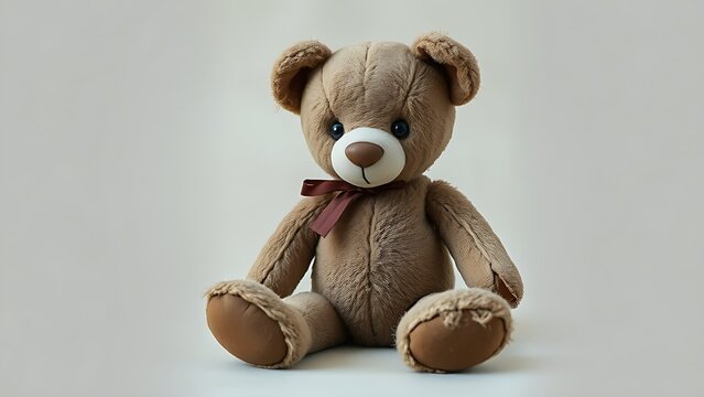A worn teddy bear with torn seams and exposed stuffing, isolated on a simple background.
