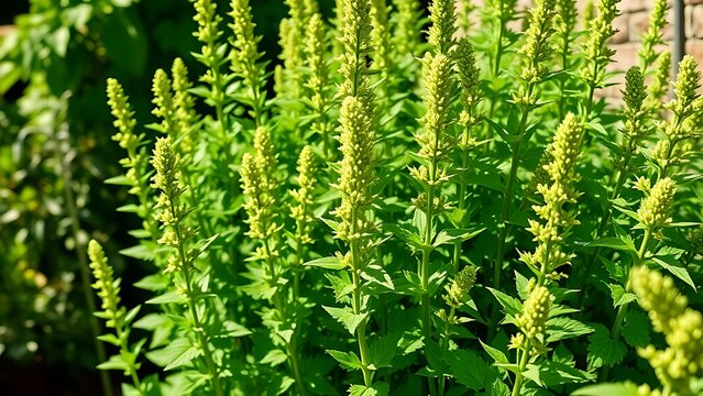 A cluster of tall, vibrant green lovage plants thriving in a cottage garden.