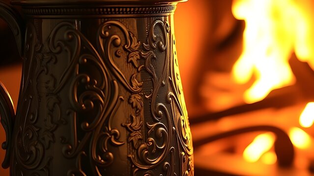 An intricately engraved silver flagon reflecting flickering firelight.