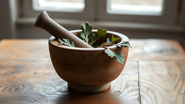 A rustic ceramic mortar and pestle with dried leaves on a wooden table.