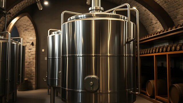 Large stainless steel fermenter in a dimly lit wine cellar.