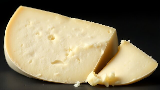 Close-up of a freshly cut cheese with a dense pale interior and smooth surface.