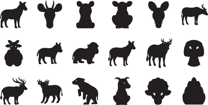 Black silhouettes of various wild animals on white background