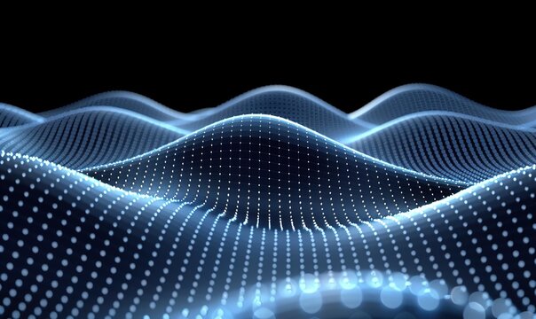 A futuristic digital wave pattern with glowing blue dots on a black background