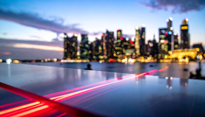 Fototapeta premium Cyberpunk Data Portal: Empty glossy tabletop with glowing magenta and white digital lines, conceptual background for modern product placement in front of a blurred city skyline at night.