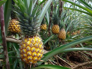 Obraz premium Pineapples grown on tropical organic farming.