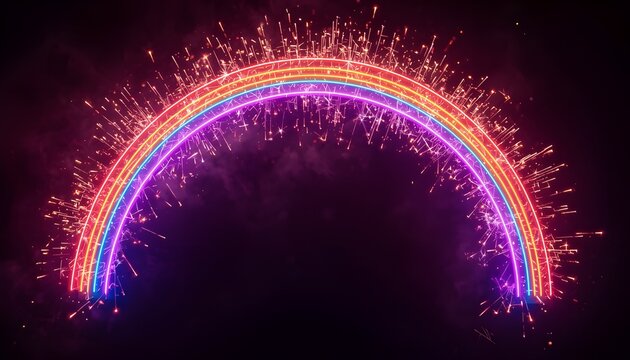 A vibrant rainbow with sparkling fireworks exploding in the dark night sky