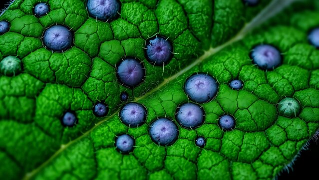 Close-up of a deep green comfrey leaf with soft violet circular patterns.