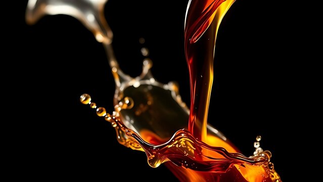 Dark amber liquid pouring from a flagon in a dynamic splash.