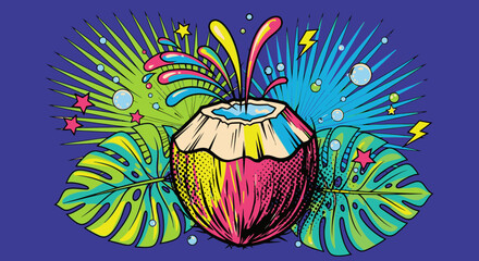 Fototapeta premium Coconut fruit splash colorful illustration tropical design