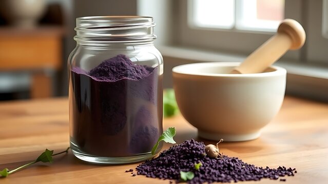 A glass jar of purple comfrey root powder with mortar and pestle on a wooden table.