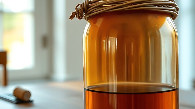 Glass demijohn with wicker basket containing amber homemade wine on wooden table.