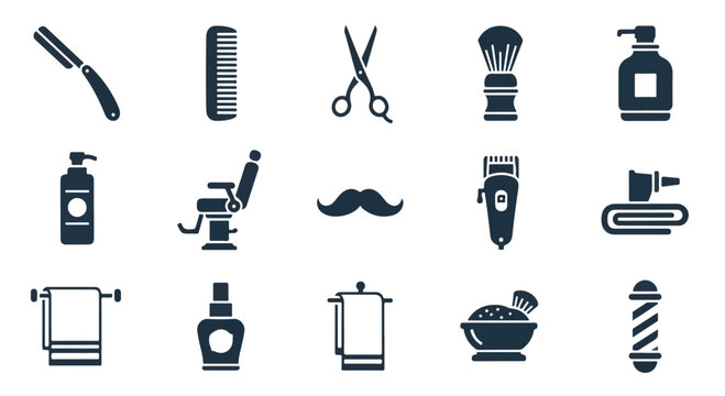 Set of professional barber tools including scissors, razors, combs, clippers, and grooming accessories for men's