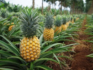 Obraz premium Pineapples grown on tropical organic farming.