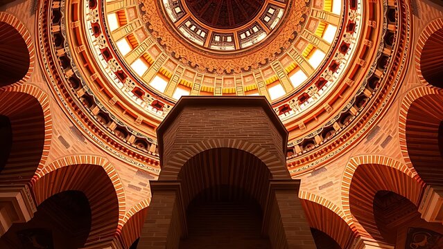 Intricate brick squinch supporting a dome in an Islamic mosque.