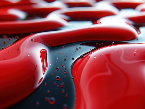 A close-up view of a red and black surface with water droplets