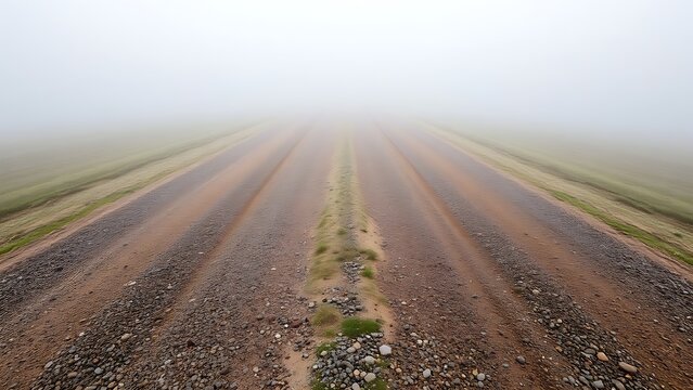 Two gravel paths diverging into morning mist, symmetrical composition with muted colors.